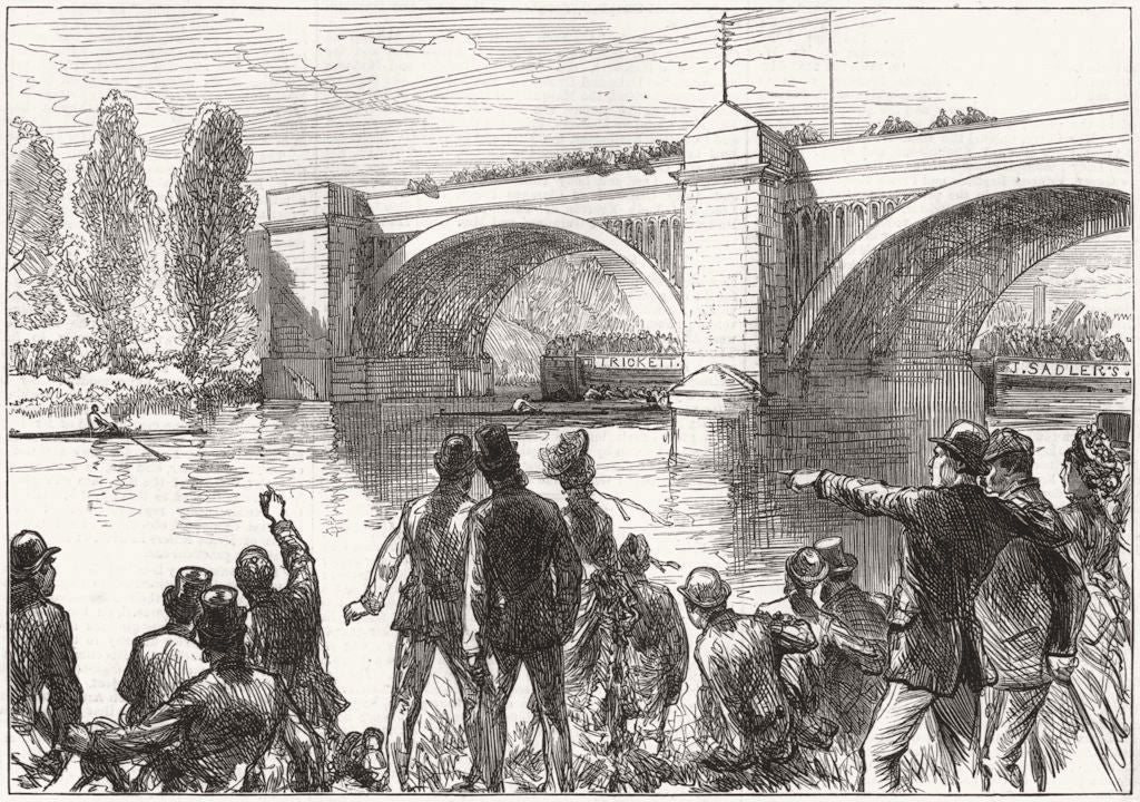 WORLD. Sculling-match Thames championship. Race Barnes Railway bridge 1876
